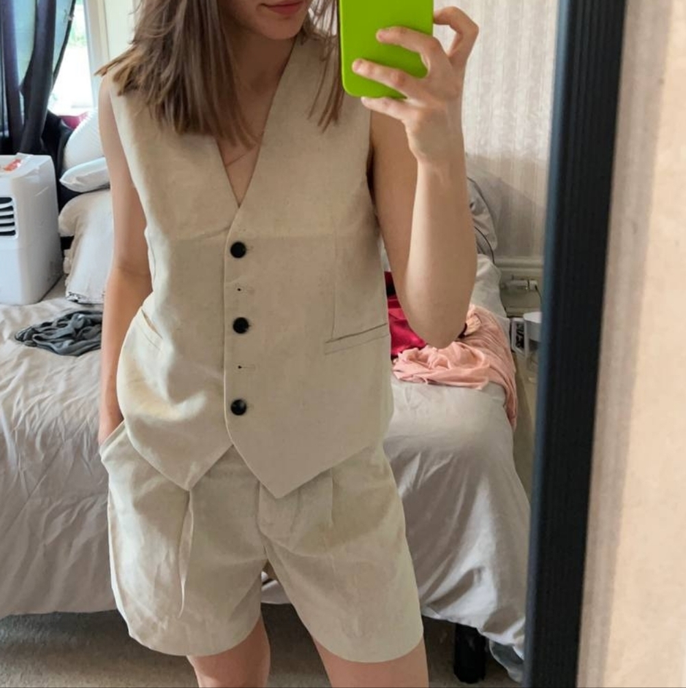 Beige Two-Piece Linen Set - Vest & Shorts